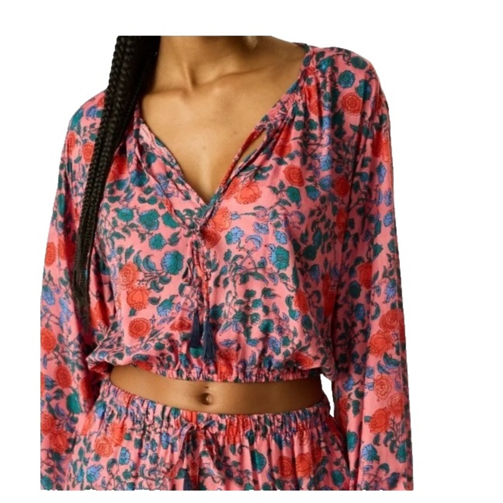 Natalie Martin Amelia XS Rose Bandana Print Crop Top Long Sleeved NEW